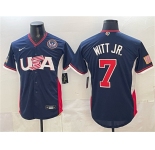 Men's USA Baseball #7 Bobby Witt Jr. Navy 2026 World Baseball Classic United States 250th Anniversary Patch Road Stadium Stitched Jersey