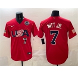 Men's USA Baseball #7 Bobby Witt Jr. Red 2026 World Baseball Classic United States 250th Anniversary Patch Stadium Stitched Jersey