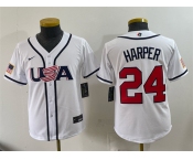 Youth USA Baseball #24 Bryce Harper White 2026 World Baseball Classic Home Stadium Stitched Baseball Jersey