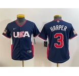 Youth USA Baseball #3 Bryce Harper Navy 2026 World Baseball Classic Stadium Stitched Baseball Jersey