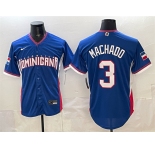 Men's Dominican Republic Baseball #3 Manny Machado Royal 2026 World Baseball Classic Road Stadium Stitched Jersey