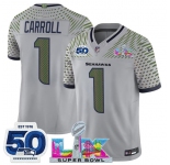 Men's Seattle Seahawks #1 Pete Carroll Gray 2025 F.U.S.E. Super Bowl LX Patch And 50th Season Patch “Rivalries†Vapor Limited Football Stitched Jersey