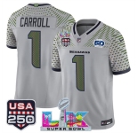 Men's Seattle Seahawks #1 Pete Carroll Gray 2025 F.U.S.E. Super Bowl LX & US 250th anniversary Patch And 50th Season Patch “Rivalries” Vapor Limited Footba