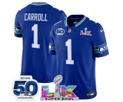 Men's Seattle Seahawks #1 Pete Carroll Royal 2025 F.U.S.E. Super Bowl LX Patch And 50th Season Patch Vapor Throwback Limited Football Stitched Jersey