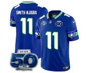 Men's Seattle Seahawks #11 Jaxon Smith-Njigba Royal 2025 F.U.S.E. 50th Season Patch Throwback Vapor Limited Football Stitched Jersey