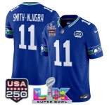 Men's Seattle Seahawks #11 Jaxon Smith-Njigba Royal 2025 F.U.S.E. Super Bowl LX Patch And 50th Season & USA 250' Patch Vapor Throwback Limited Football Sti