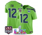 Men's Seattle Seahawks #12 Fan Green 2025 F.U.S.E. Super Bowl LX Patch And 50th Season & USA 250' Patch Vapor Limited Football Stitched Jersey