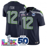 Men's Seattle Seahawks #12 Fan Navy 2025 F.U.S.E. Super Bowl LX Patch And 50th Season Patch Vapor Limited Football Stitched Jersey