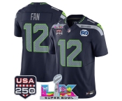 Men's Seattle Seahawks #12 Fan Navy 2025 F.U.S.E. Super Bowl LX Patch And 50th Season Patch Vapor Limited Football Stitched Jersey