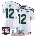Men's Seattle Seahawks #12 Fan White 2025 F.U.S.E. Super Bowl LX Patch And 50th Season & USA 250' Patch Vapor Limited Football Stitched Jersey