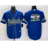 Men's Seattle Seahawks Big Logo Blue With Patch Cool Base Stitched Baseball Jersey