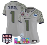 Women's Seattle Seahawks #1 Pete Carroll Gray 2025 F.U.S.E. Super Bowl LX & US 250th anniversary Patch And 50th Season Patch “Rivalries†Vapor Limited Foot