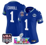 Women's Seattle Seahawks #1 Pete Carroll Royal 2025 F.U.S.E. Super Bowl LX Patch And 50th Season & USA 250' Patch Vapor Throwback Limited Stitched Football