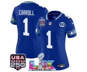 Women's Seattle Seahawks #1 Pete Carroll Royal 2025 F.U.S.E. Super Bowl LX Patch And 50th Season & USA 250' Patch Vapor Throwback Limited Stitched Football