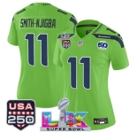 Women's Seattle Seahawks #11 Jaxon Smith-Njigba Green 2025 F.U.S.E. Super Bowl LX Patch And 50th Season & USA 250' Patch Vapor Limited Football Stitched Je