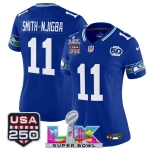 Women's Seattle Seahawks #11 Jaxon Smith-Njigba Royal 2025 F.U.S.E. Super Bowl LX Patch And 50th Season & USA 250' Patch Vapor Throwback Limited Stitched F