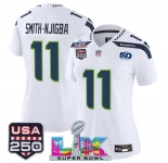 Women's Seattle Seahawks #11 Jaxon Smith-Njigba White 2025 F.U.S.E. Super Bowl LX Patch And 50th Season & USA 250' Patch Vapor Limited Football Stitched Je
