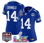 Women's Seattle Seahawks #14 Sam Darnold Royal 2025 F.U.S.E. Super Bowl LX Patch And 50th Season & USA 250' Patch Vapor Throwback Limited Stitched Football