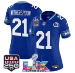 Women's Seattle Seahawks #21 Devon Witherspoon Royal 2025 F.U.S.E. Super Bowl LX Patch And 50th Season & USA 250' Patch Vapor Throwback Limited Stitched Fo
