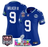 Women's Seattle Seahawks #9 Kenneth Walker III Royal 2025 F.U.S.E. Super Bowl LX Patch And 50th Season & USA 250' Patch Vapor Throwback Limited Stitched Fo