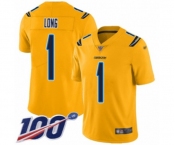 Men's Los Angeles Chargers #1 Ty Long Limited Gold Inverted Legend 100th Season Football Jersey