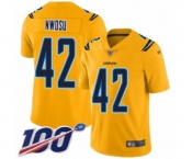 Men's Los Angeles Chargers #42 Uchenna Nwosu Limited Gold Inverted Legend 100th Season Football Jersey