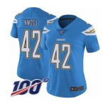 Women's Los Angeles Chargers #42 Uchenna Nwosu Electric Blue Alternate Vapor Untouchable Limited Player 100th Season Football Jersey