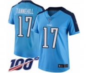 Women's Tennessee Titans #17 Ryan Tannehill Limited Light Blue Rush Vapor Untouchable 100th Season Football Jersey