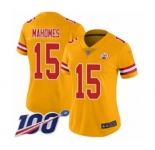 Women's Kansas City Chiefs #15 Patrick Mahomes II Limited Gold Inverted Legend 100th Season Football Jersey