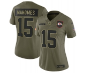Women's Kansas City Chiefs #15 Patrick Mahomes Olive 2025 Salute to Service Limited Stitched Jersey