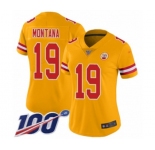 Women's Kansas City Chiefs #19 Joe Montana Limited Gold Inverted Legend 100th Season Football Jersey