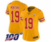Women's Kansas City Chiefs #19 Joe Montana Limited Gold Inverted Legend 100th Season Football Jersey