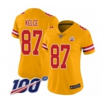 Women's Kansas City Chiefs #87 Travis Kelce Limited Gold Inverted Legend 100th Season Football Jersey