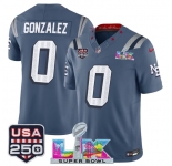 Men's New England Patriots #0 Christian Gonzalez Storm Blue 2025 F.U.S.E. Super Bowl LX & USA 250' Patch “Rivalries†Vapor Limited Football Stitched Jersey
