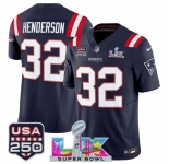 Men's New England Patriots #32 TreVeyon Henderson Navy 2025 F.U.S.E. Super Bowl LX Patch And USA 250' Patch Vapor Limited Football Stitched Jersey