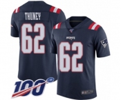 Men's New England Patriots #62 Joe Thuney Limited Navy Blue Rush Vapor Untouchable 100th Season Football Jersey