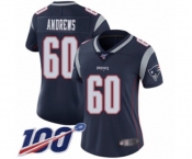 Women's New England Patriots #60 David Andrews Navy Blue Team Color Vapor Untouchable Limited Player 100th Season Football Jersey