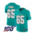 Men's Miami Dolphins #65 Danny Isidora Aqua Green Team Color Vapor Untouchable Limited Player 100th Season Football Jersey