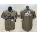 Men's Miami Dolphins Olive Salute to Service Team Big Logo Cool Base Stitched Baseball Jersey