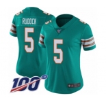 Women's Miami Dolphins #5 Jake Rudock Aqua Green Alternate Vapor Untouchable Limited Player 100th Season Football Jersey