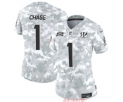 Women's Cincinnati Bengals #1 Ja'Marr Chase 2024 F.U.S.E Arctic Camo Salute To Service Limited Stitched Football Jersey
