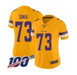 Women's Minnesota Vikings #73 Dru Samia Limited Gold Inverted Legend 100th Season Football Jersey