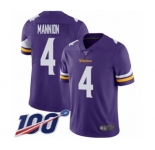 Youth Minnesota Vikings #4 Sean Mannion Purple Team Color Vapor Untouchable Limited Player 100th Season Football Jersey