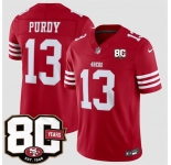 Men's San Francisco 49ers #13 Brock Purdy Red 80th Anniversary Patch 2026 F.U.S.E. Vapor Untouchable Limited Football Stitched Jersey