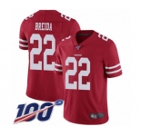 Men's San Francisco 49ers #22 Matt Breida Red Team Color Vapor Untouchable Limited Player 100th Season Football Jersey