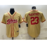 Men's San Francisco 49ers #23 Christian McCaffrey Gold With Patch Cool Base Stitched Baseball Jersey