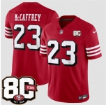 Men's San Francisco 49ers #23 Christian McCaffrey New Red 80th Anniversary Patch 2026 F.U.S.E. Vapor Untouchabl Limited Football Stitched Jersey