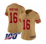 Women's San Francisco 49ers #16 Joe Montana Limited Gold Inverted Legend 100th Season Football Jersey