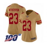 Women's San Francisco 49ers #23 Ahkello Witherspoon Limited Gold Inverted Legend 100th Season Football Jersey