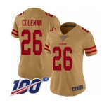 Women's San Francisco 49ers #26 Tevin Coleman Limited Gold Inverted Legend 100th Season Football Jersey